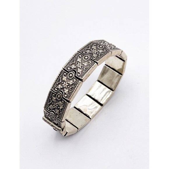 Vintage Sterling Silver 925 Panel Wide Bracelet Floral Scroll Design Heavy 65g - Picture 1 of 8